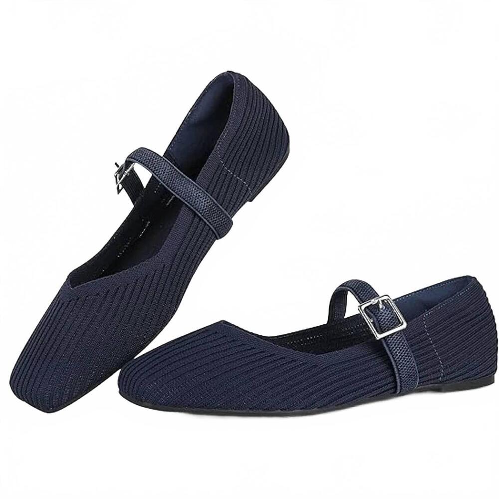 NEW CELNEPHO women's square toe knit ballet flats comfort shoes in navy blue